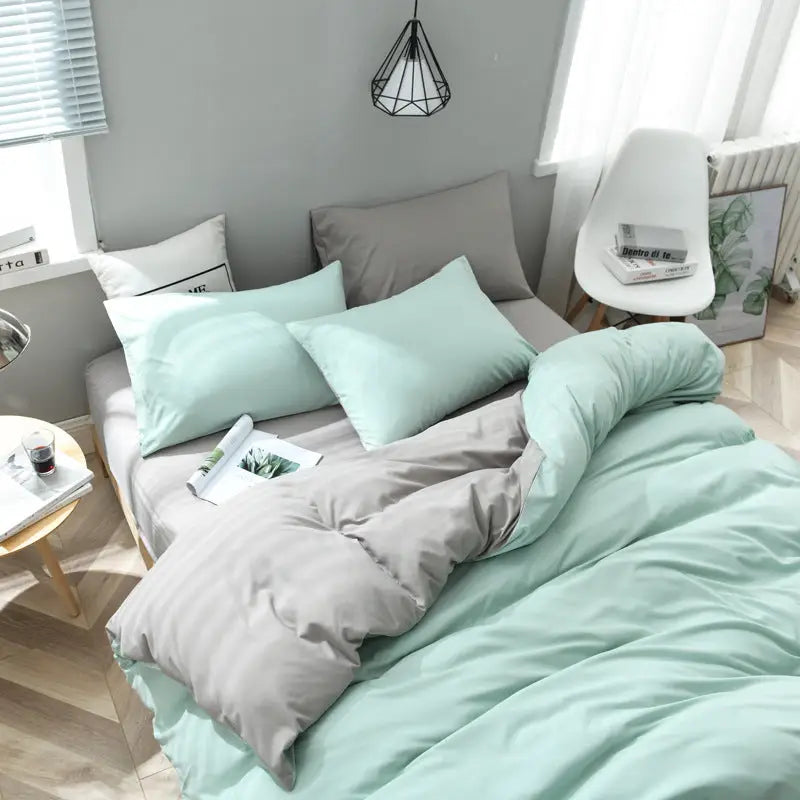 Mint Green And Grey Stitching Ultra-Soft Solid Color 4-Piece Bedding Set - Queen Size(Suitable for 2m bed) - Home &