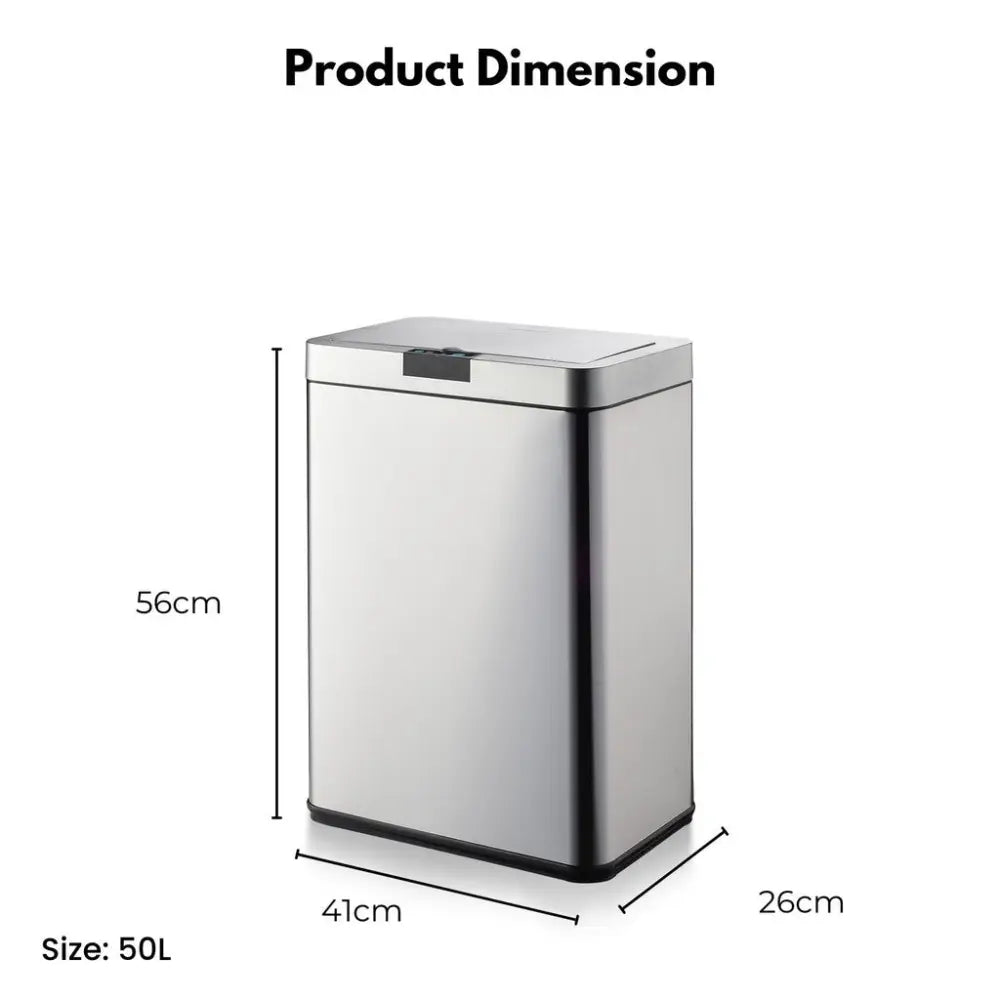 MIRAKLASS Sensor Bin 50L Wide Silver Square MK-SB-108-JR - Home & Garden > Kitchen Bins