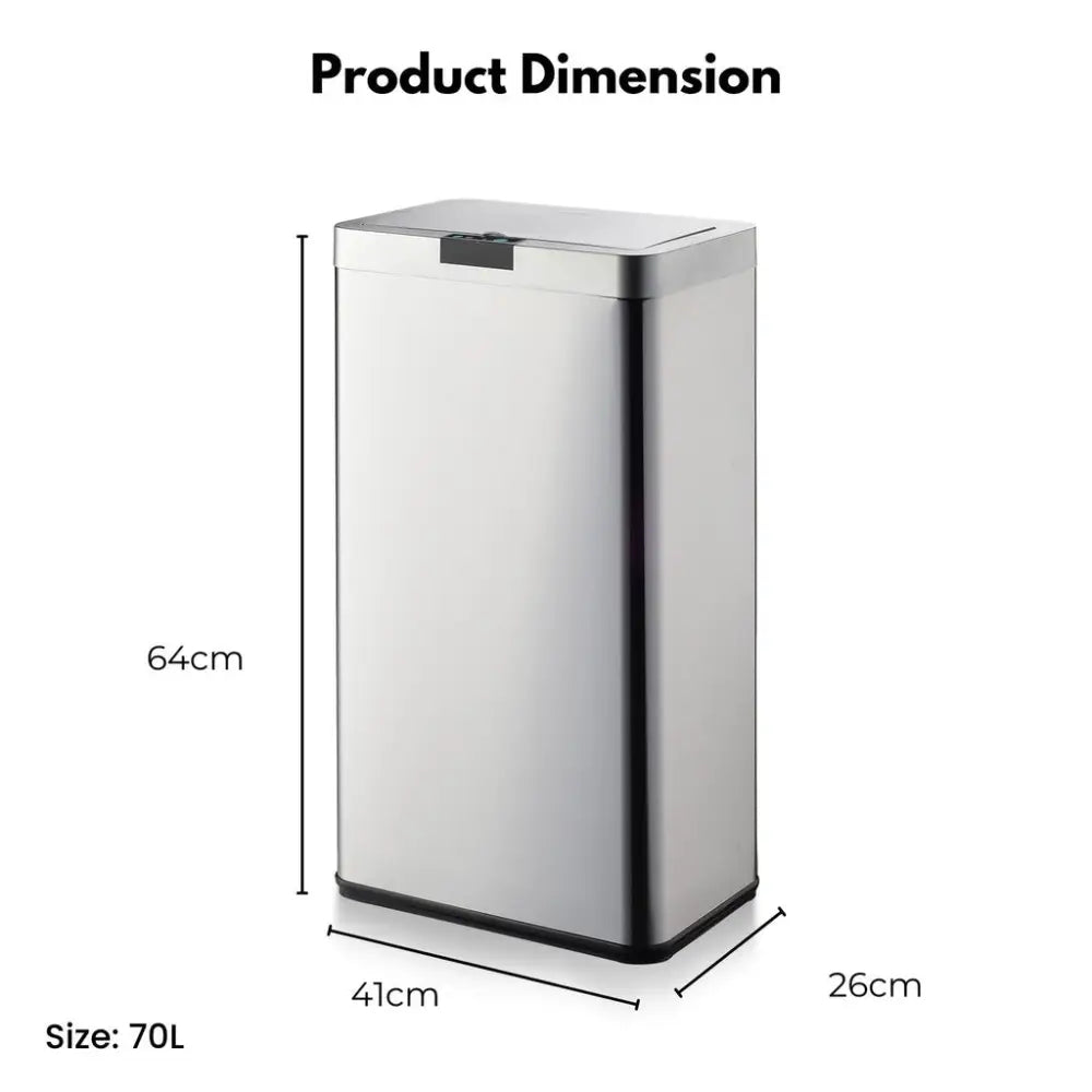 MIRAKLASS Sensor Bin 70L Wide Silver Square MK-SB-106-JR - Home & Garden > Kitchen Bins