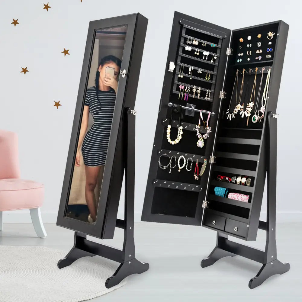 Mirror Jewellery Cabinet Organiser 2 Drawers LOWE 146cm BLACK - Health & Beauty > Cosmetic Storage > Makeup