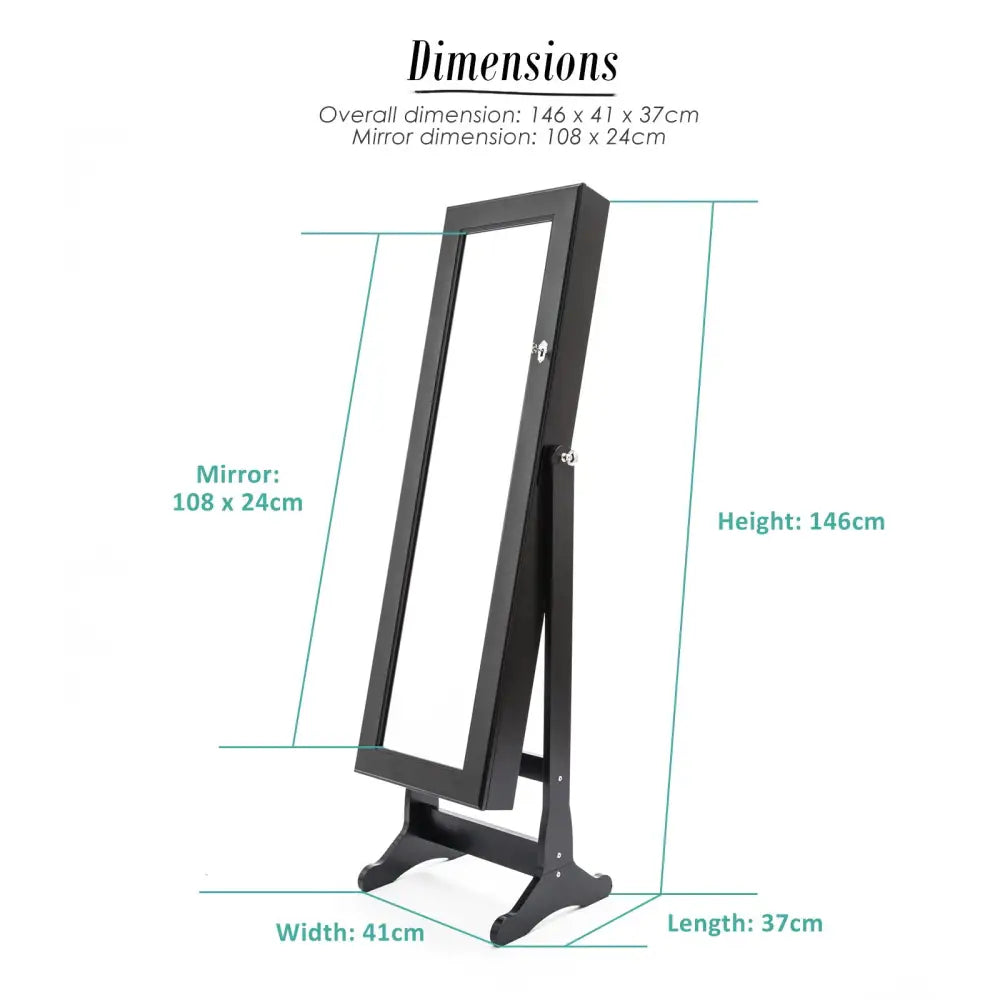 Mirror Jewellery Cabinet Organiser 2 Drawers LOWE 146cm BLACK - Health & Beauty > Cosmetic Storage > Makeup