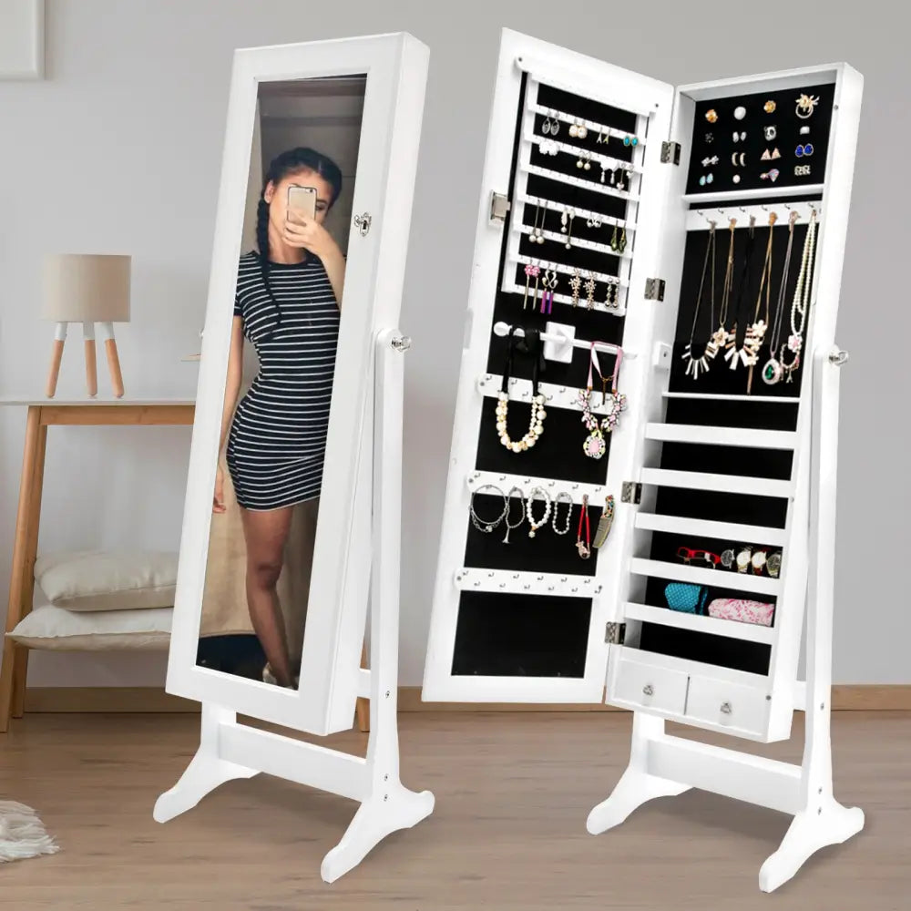 Mirror Jewellery Cabinet Organiser 2 Drawers LOWE 146cm WHITE - Health & Beauty > Cosmetic Storage > Makeup