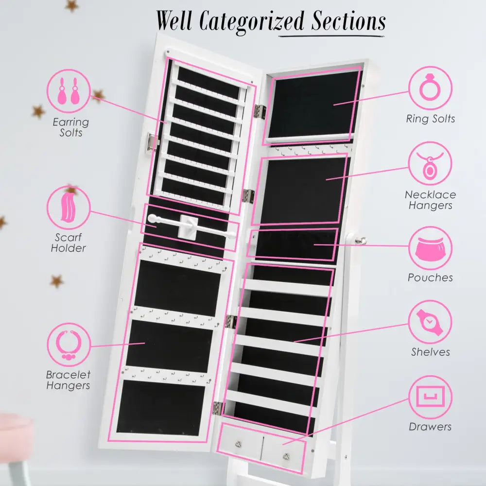 Mirror Jewellery Cabinet Organiser 2 Drawers LOWE 146cm WHITE - Health & Beauty > Cosmetic Storage > Makeup