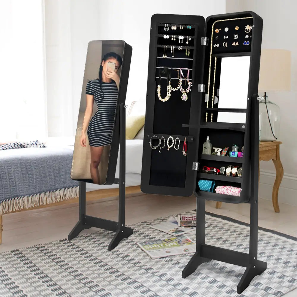 Mirror Jewellery Cabinet Organiser LED 146cm BLACK - Health & Beauty > Cosmetic Storage > Makeup Organisation & Storage