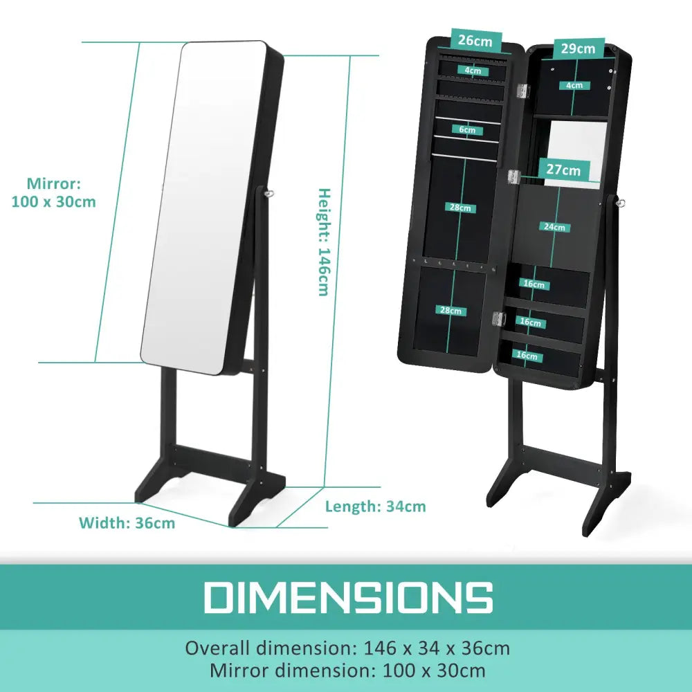Mirror Jewellery Cabinet Organiser LED 146cm BLACK - Health & Beauty > Cosmetic Storage > Makeup Organisation & Storage