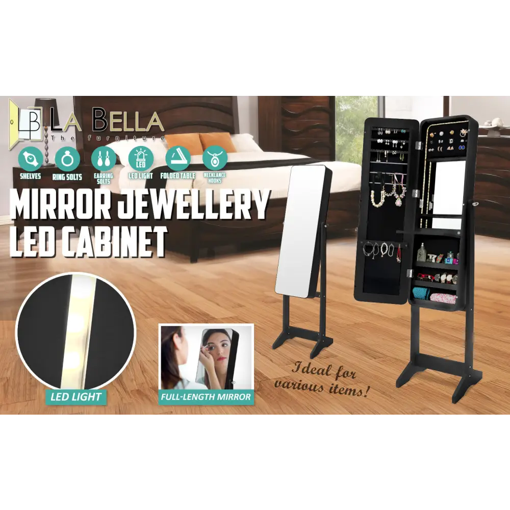 Mirror Jewellery Cabinet Organiser LED 146cm BLACK - Health & Beauty > Cosmetic Storage > Makeup Organisation & Storage