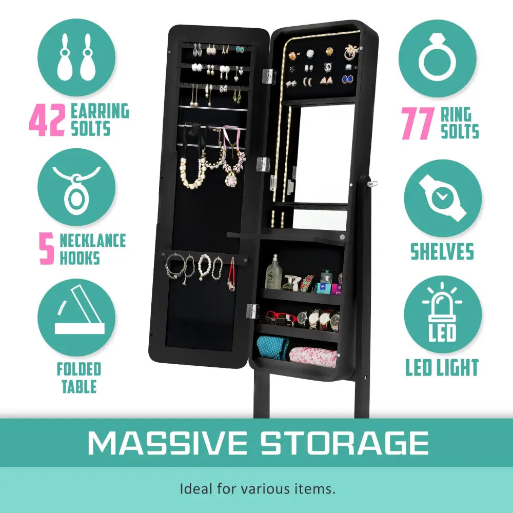 Mirror Jewellery Cabinet Organiser LED 146cm BLACK - Health & Beauty > Cosmetic Storage > Makeup Organisation & Storage