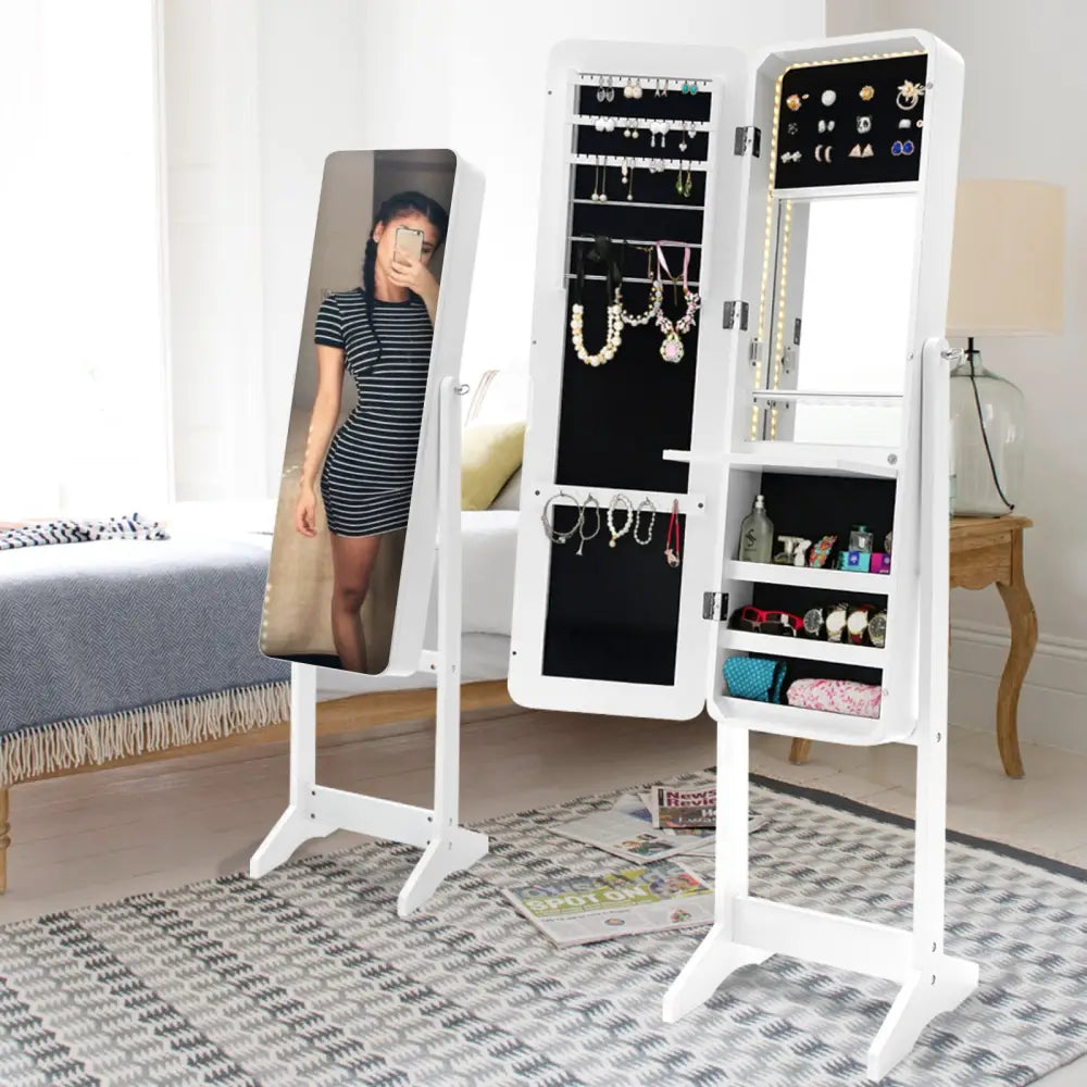 Mirror Jewellery Cabinet Organiser LED 146cm WHITE - Health & Beauty > Cosmetic Storage > Makeup Organisation & Storage