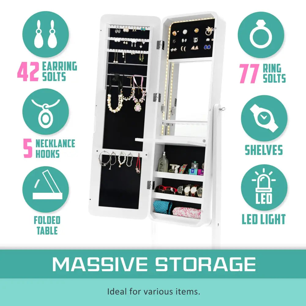 Mirror Jewellery Cabinet Organiser LED 146cm WHITE - Health & Beauty > Cosmetic Storage > Makeup Organisation & Storage