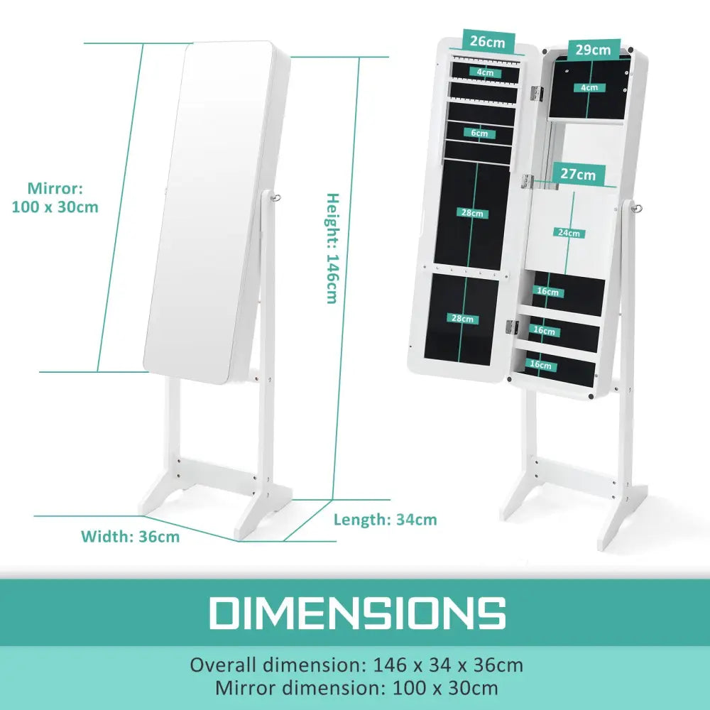 Mirror Jewellery Cabinet Organiser LED 146cm WHITE - Health & Beauty > Cosmetic Storage > Makeup Organisation & Storage