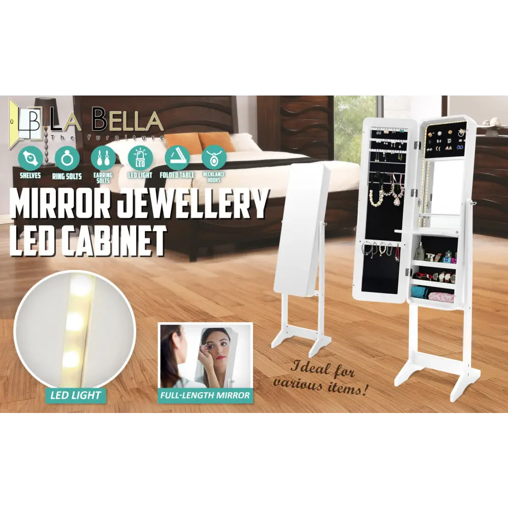 Mirror Jewellery Cabinet Organiser LED 146cm WHITE - Health & Beauty > Cosmetic Storage > Makeup Organisation & Storage