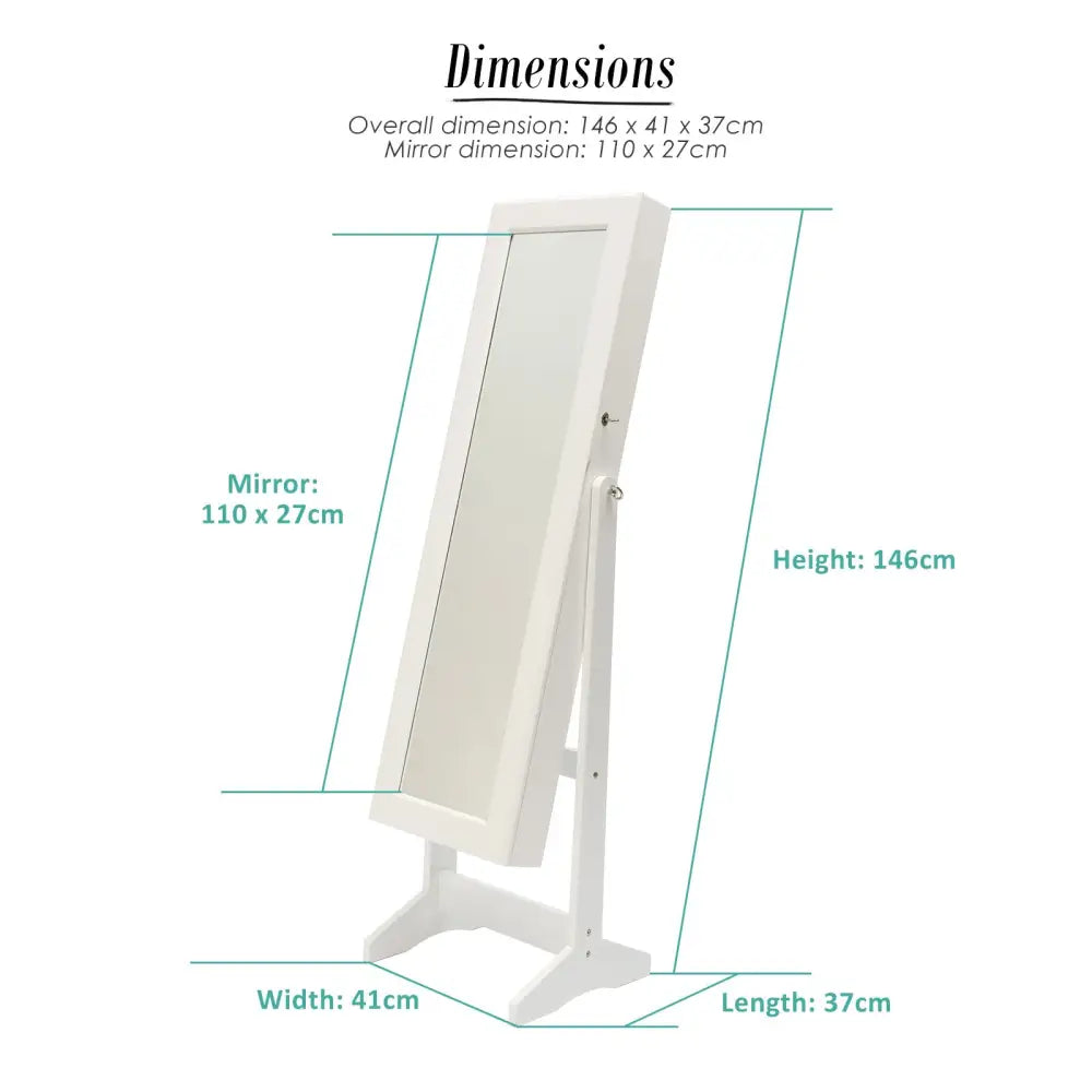 Mirror Jewellery Cabinet Storage Organiser LUVO 146cm WHITE - Health & Beauty > Cosmetic Storage > Makeup Organisation