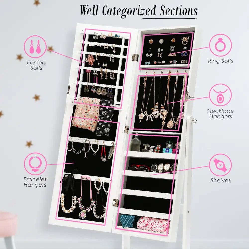 Mirror Jewellery Cabinet Storage Organiser LUVO 146cm WHITE - Health & Beauty > Cosmetic Storage > Makeup Organisation