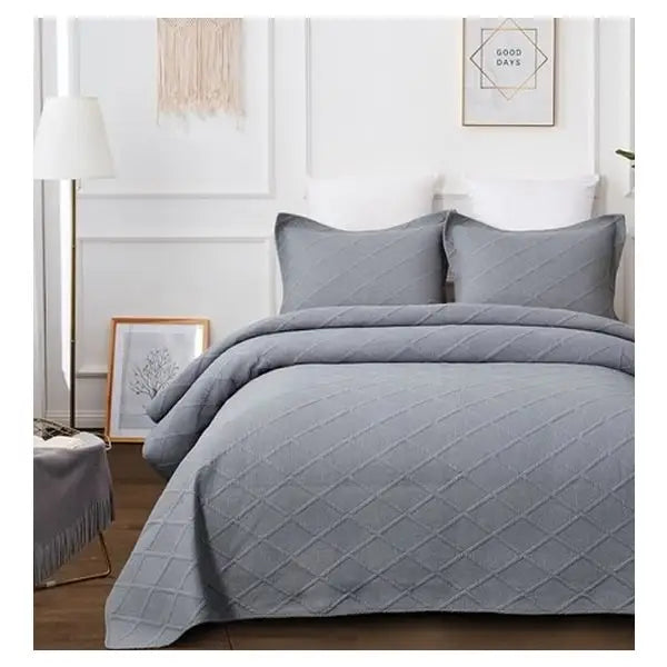 Misty Grey 100% Cotton Quilted 3 pcs Bedspread Coverlet Set Queen - Home & Garden > Bedding > Quilts & Duvets