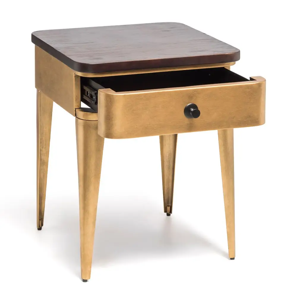Modern Bedside Table in Brass Finish with Storage Drawer and Wood Top - Furniture > Bedroom