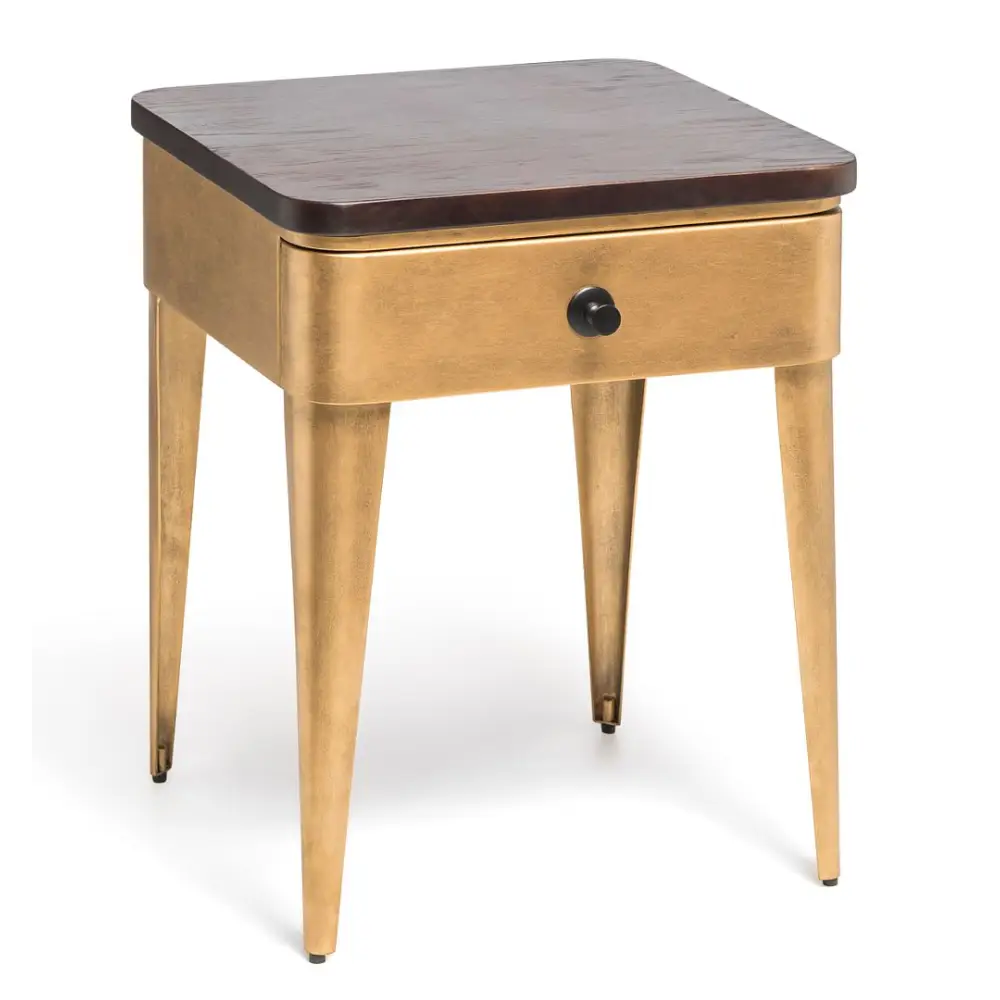 Modern Bedside Table in Brass Finish with Storage Drawer and Wood Top - Furniture > Bedroom