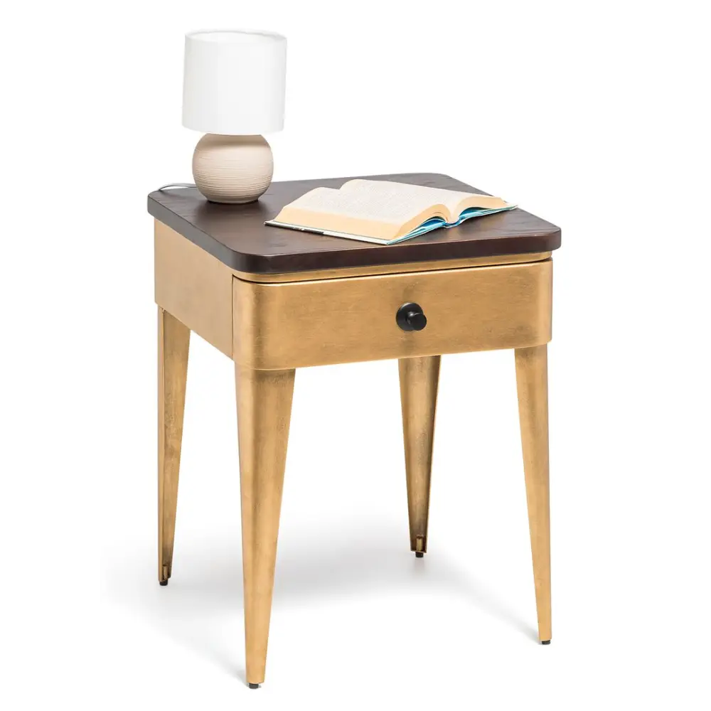 Modern Bedside Table in Brass Finish with Storage Drawer and Wood Top - Furniture > Bedroom