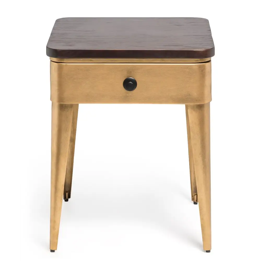 Modern Bedside Table in Brass Finish with Storage Drawer and Wood Top - Furniture > Bedroom