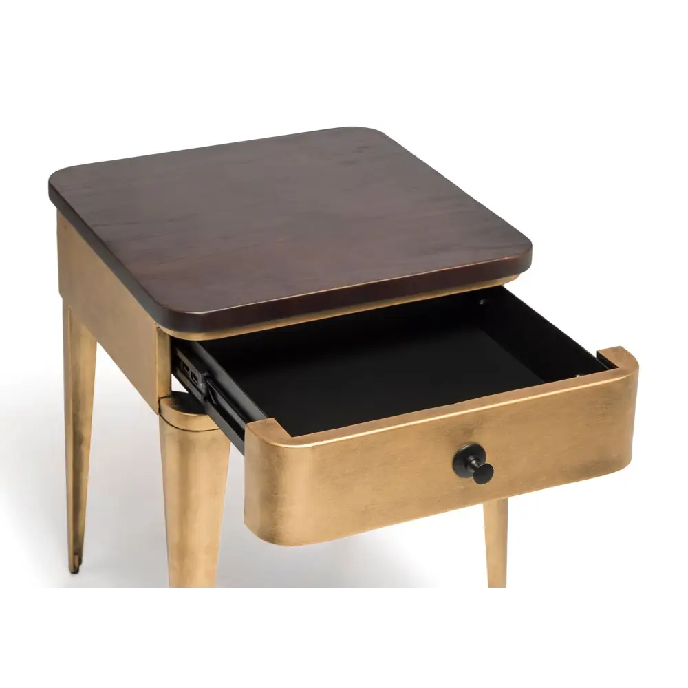 Modern Bedside Table in Brass Finish with Storage Drawer and Wood Top - Furniture > Bedroom