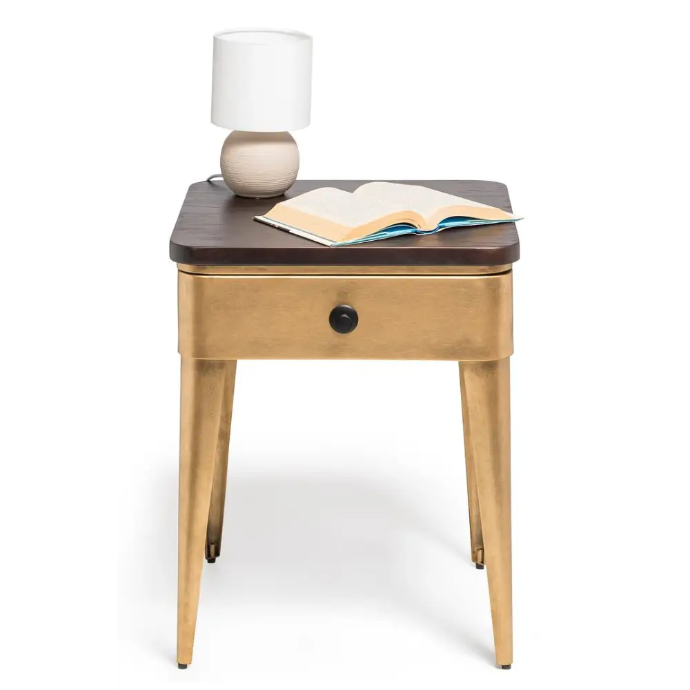 Modern Bedside Table in Brass Finish with Storage Drawer and Wood Top - Furniture > Bedroom