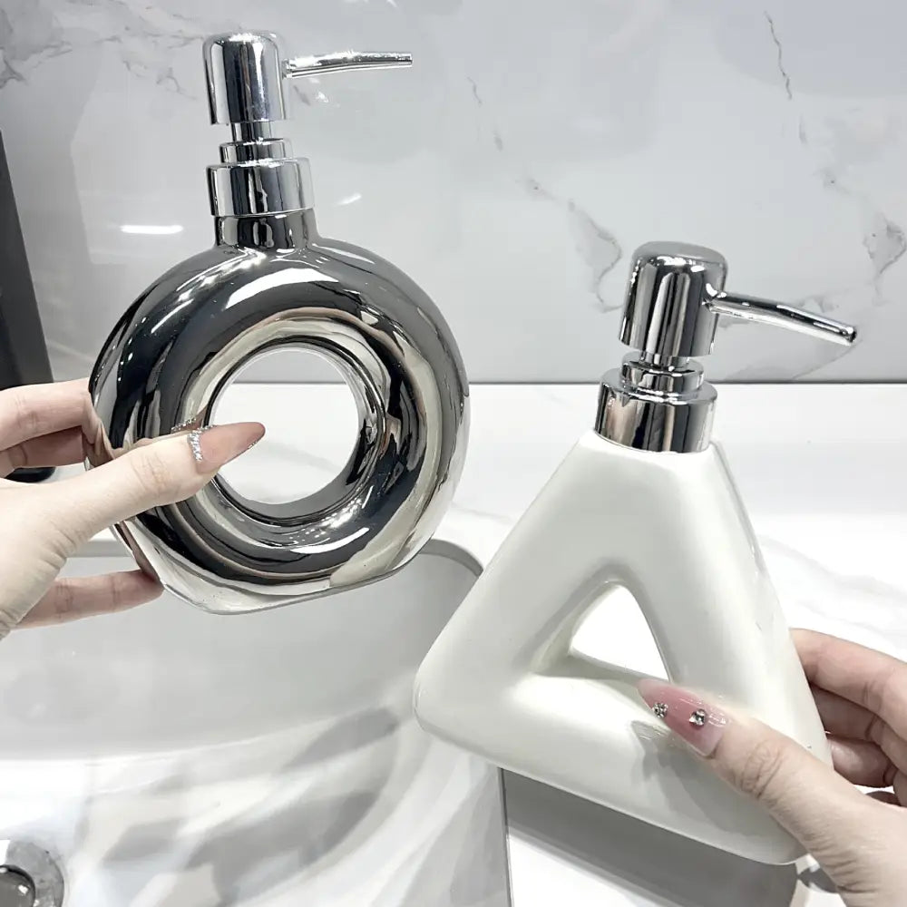 Modern Ceramic Soap & Lotion Dispenser - Unique Geometric Designs 300ml Capacity(Triangular lotion bottle silver)