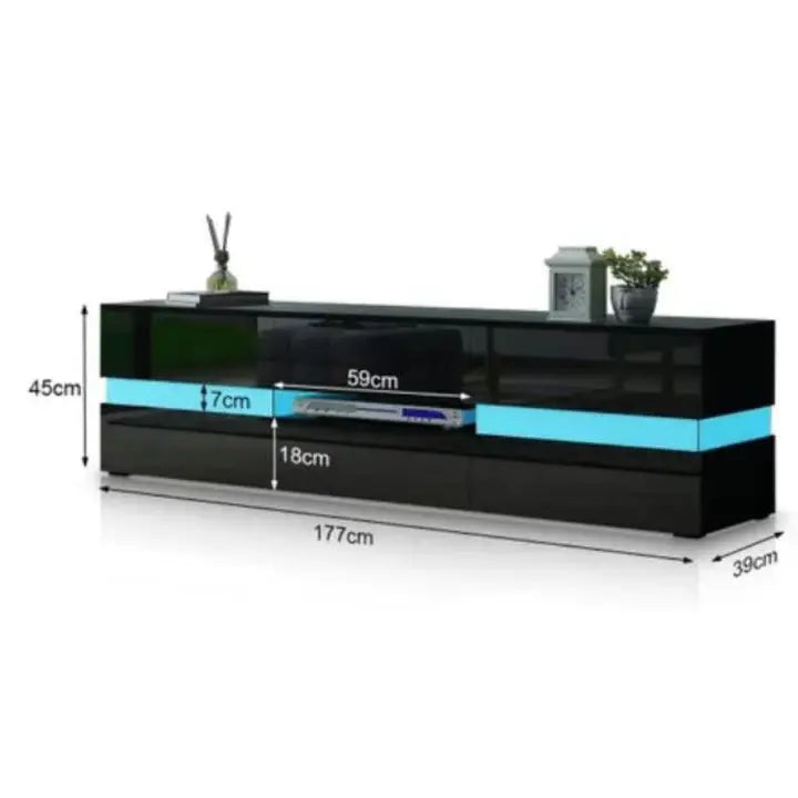 Modern High Gloss Front TV Entertainment Unit 177cm LED Storage Drawer - Black - Furniture > Living Room