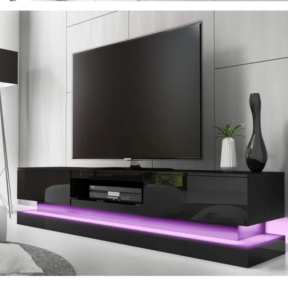 Modern High Gloss LED RGB TV Entertainment Unit with Storage 220cm - Black - Furniture > Living Room > TV Units