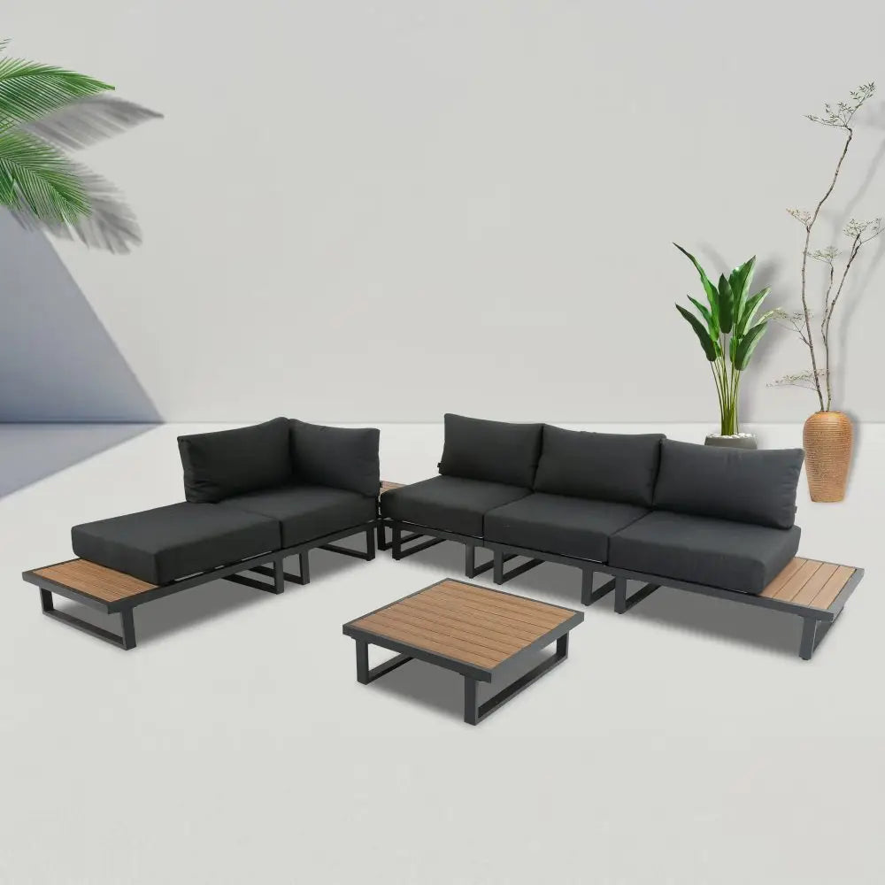Modern Outdoor 7 Piece Lounge Set with Slatted Polywood Design Tables - Furniture > Outdoor