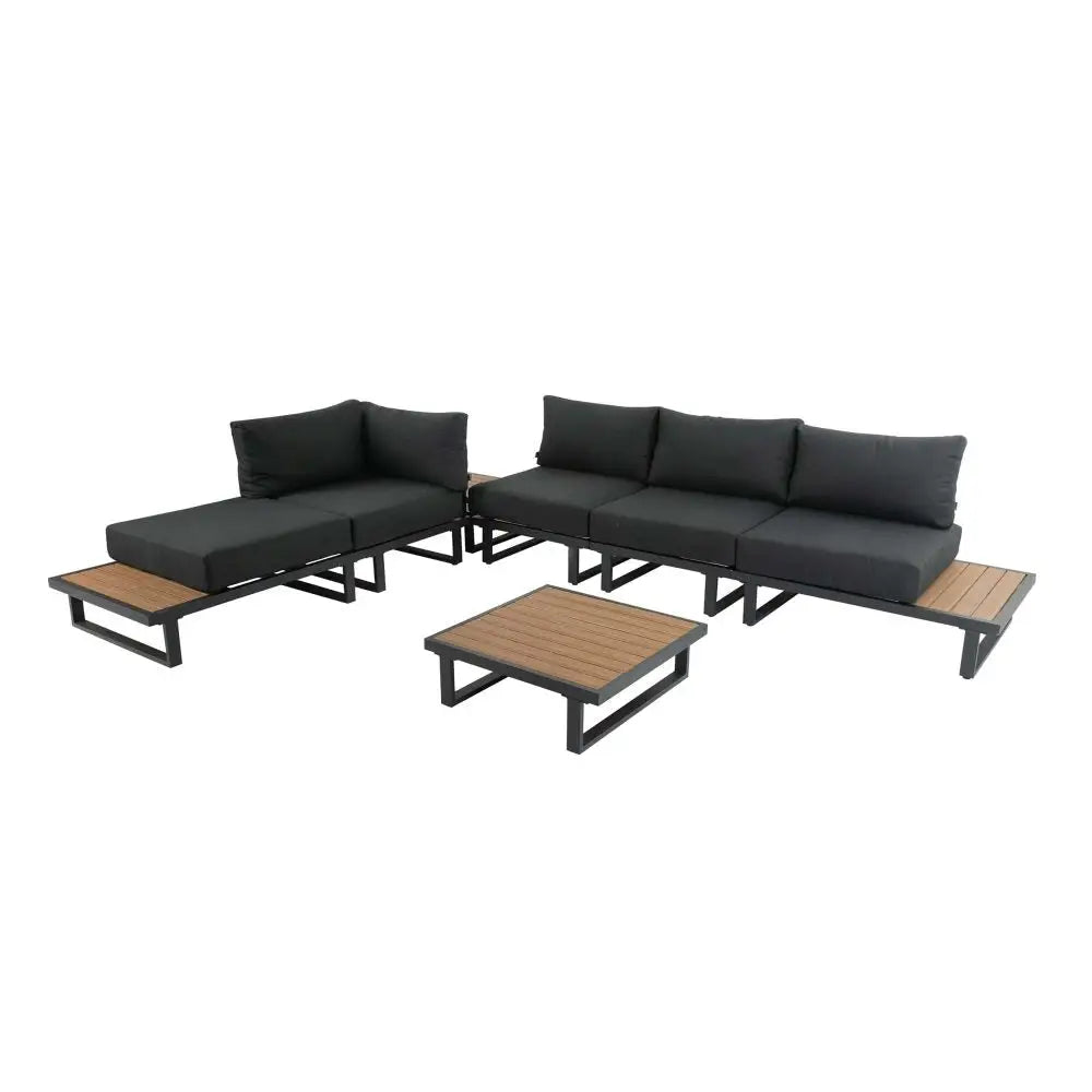 Modern Outdoor 7 Piece Lounge Set with Slatted Polywood Design Tables - Furniture > Outdoor
