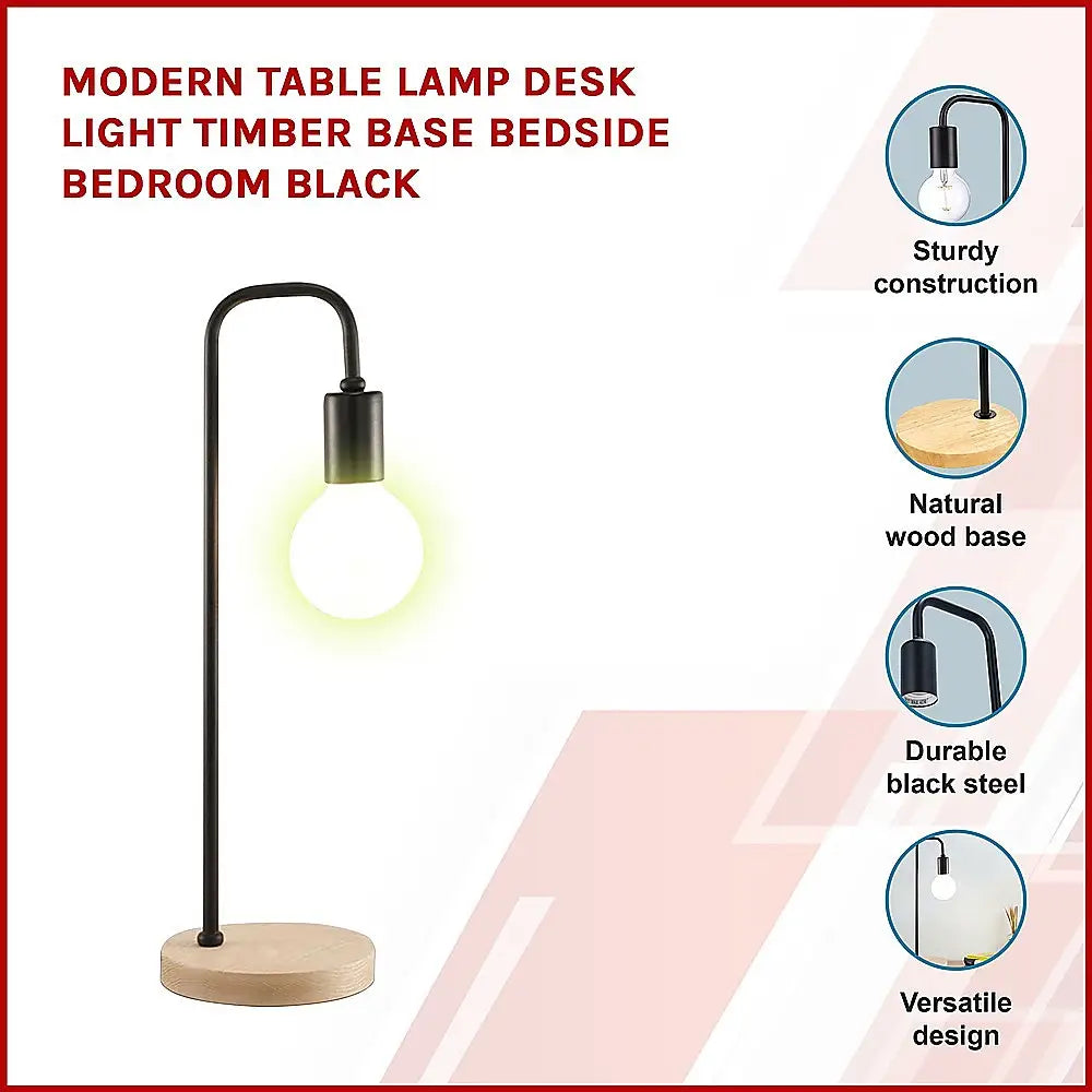 Modern Table lamp Desk Light Timber Base Bedside Bedroom Black - Home & Garden > Lighting