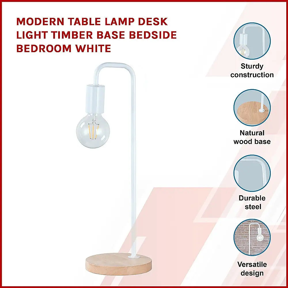 Modern Table lamp Desk Light Timber Base Bedside Bedroom White - Home & Garden > Lighting