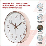 Modern Wall Clock Silent Non-Ticking Quartz Battery Operated Rose Gold - Home & Garden > Decor