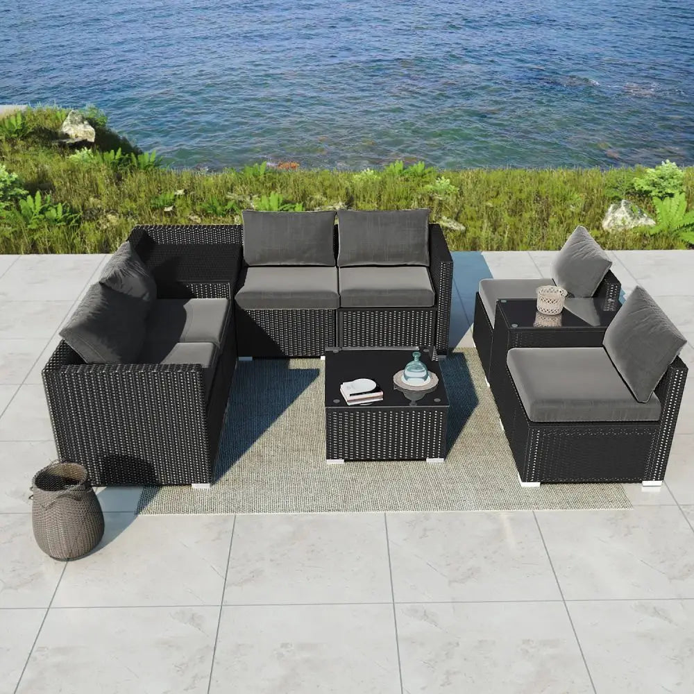 Modular Outdoor Lounge Set-9pcs Sofa Armchairs and Coffee Table - Furniture > Outdoor