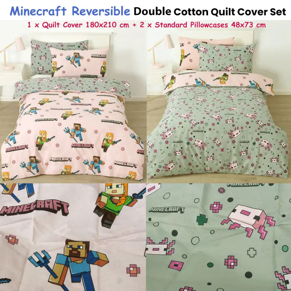 MOJANG Minecraft Reversible Cotton Boys Girls Quilt Cover Set Double - Home & Garden > Bedding > Duvet Covers