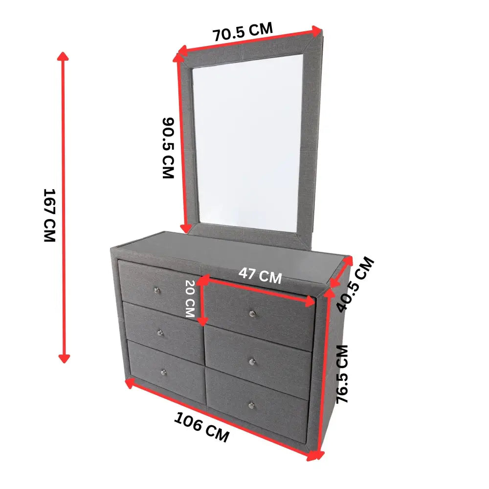 Molly Dresser Mirror 6 Chest of Drawers Bedroom Storage - Light Grey - Health & Beauty > Cosmetic Storage > Makeup