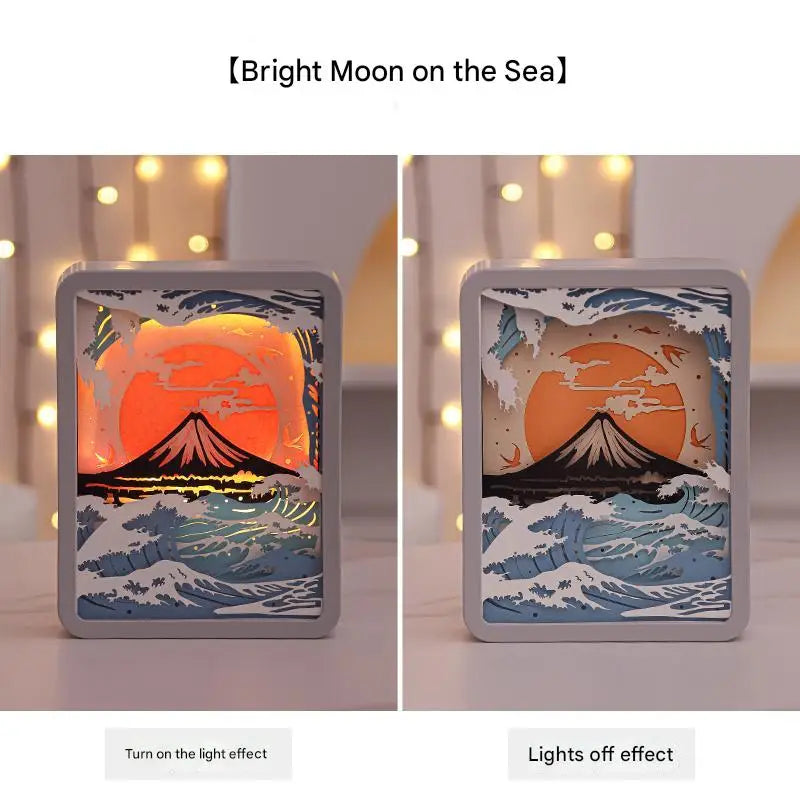 Moon Over The Sea 3D Paper Carving Night Light - USB Or Battery Powered Decorative Bedside Lamp | Atmosphere Lamp