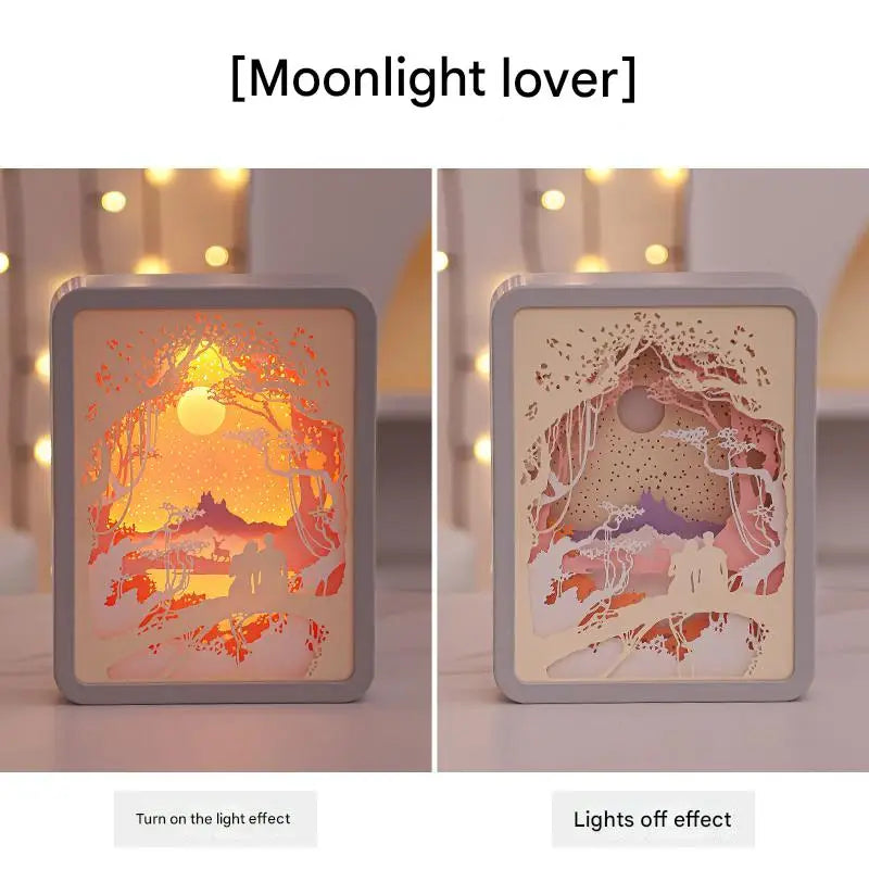 Moonlight Lovers 3D Paper Carving Night Light - USB Or Battery Powered Decorative Bedside Lamp | Atmosphere Lamp