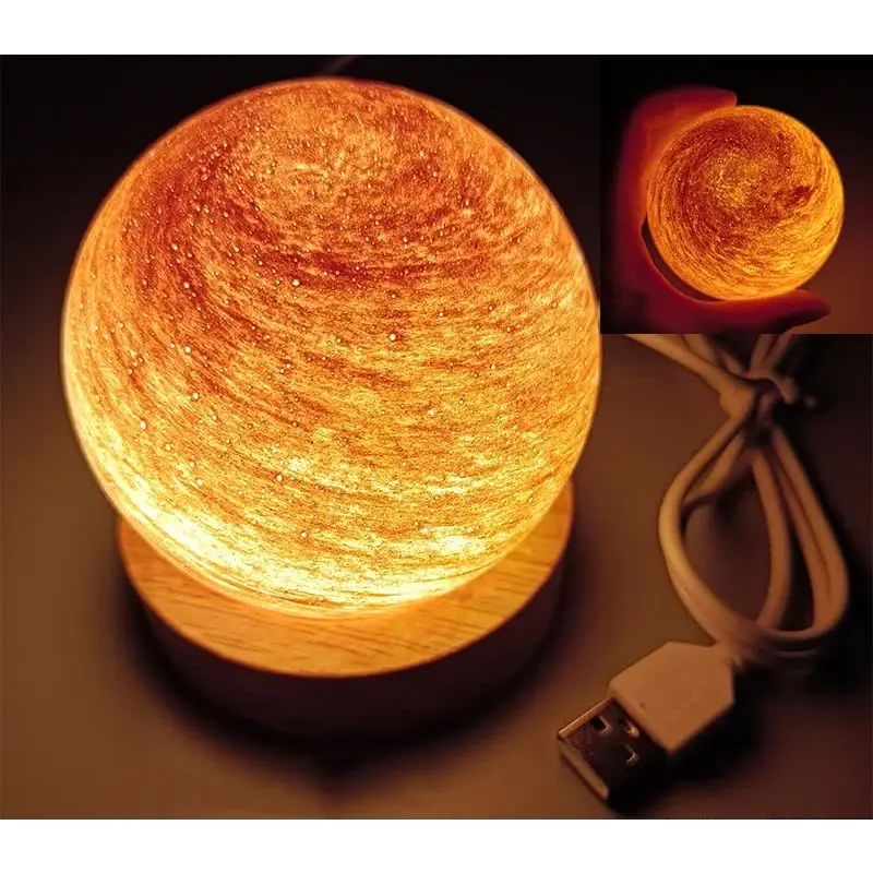 Morning Glow LED Planet Night Light with Wooden Base USB Rechargeable - Home & Garden > Lighting > Night Lights &