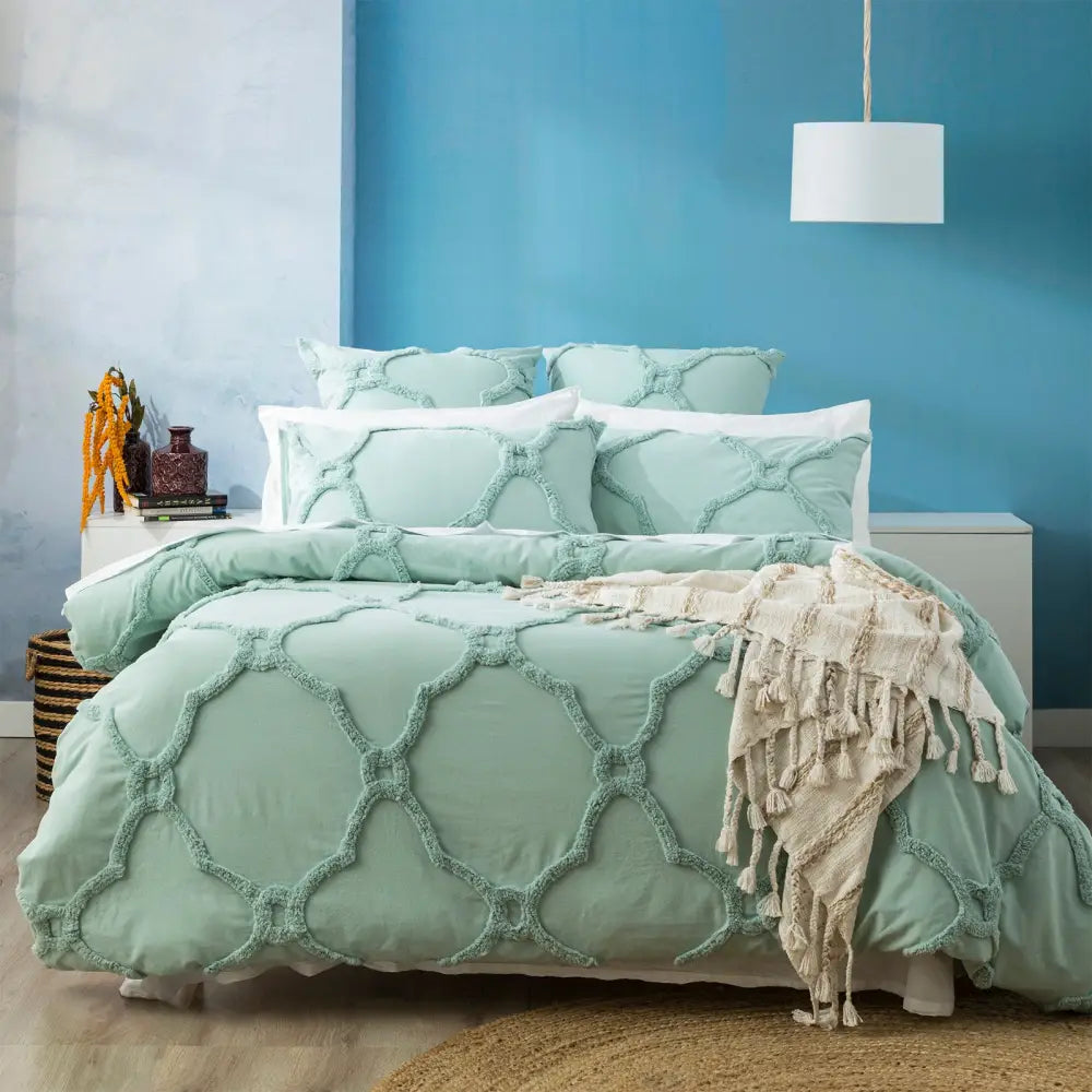 Moroccan 100% Cotton Chenille Vintage Washed Tufted Sage Quilt Cover Set by Renee Taylor Queen - Home & Garden >