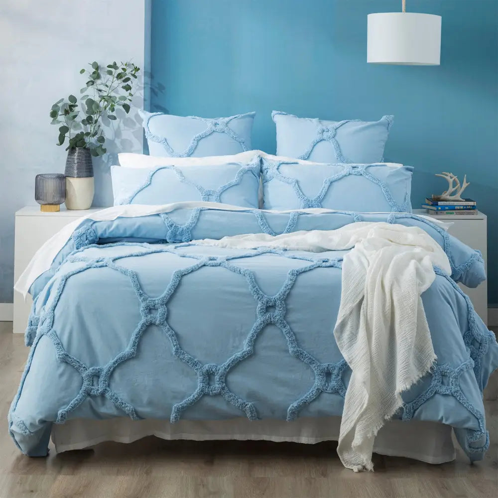 Moroccan 100% Cotton Chenille Vintage Washed Tufted Sky Quilt Cover Set by Renee Taylor Queen - Home & Garden > Bedding