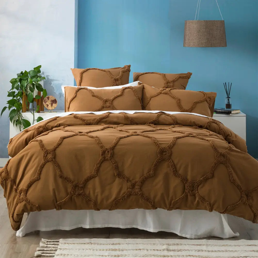 Moroccan 100% Cotton Chenille Vintage Washed Tufted Wood Quilt Cover Set by Renee Taylor Queen - Home & Garden >
