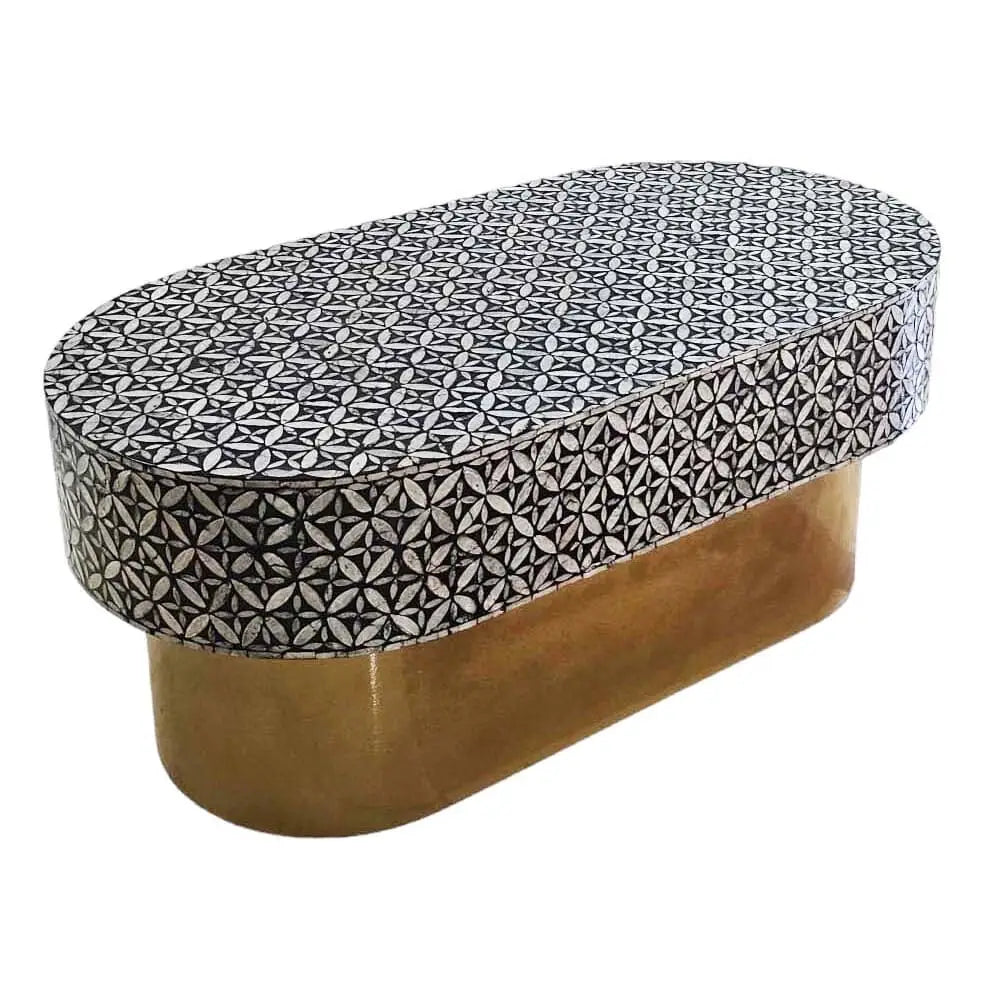 MOTHER OF PEARL EBONY MOSAIC OVAL COFFEE TABLE - Furniture > Living Room > Coffee Tables