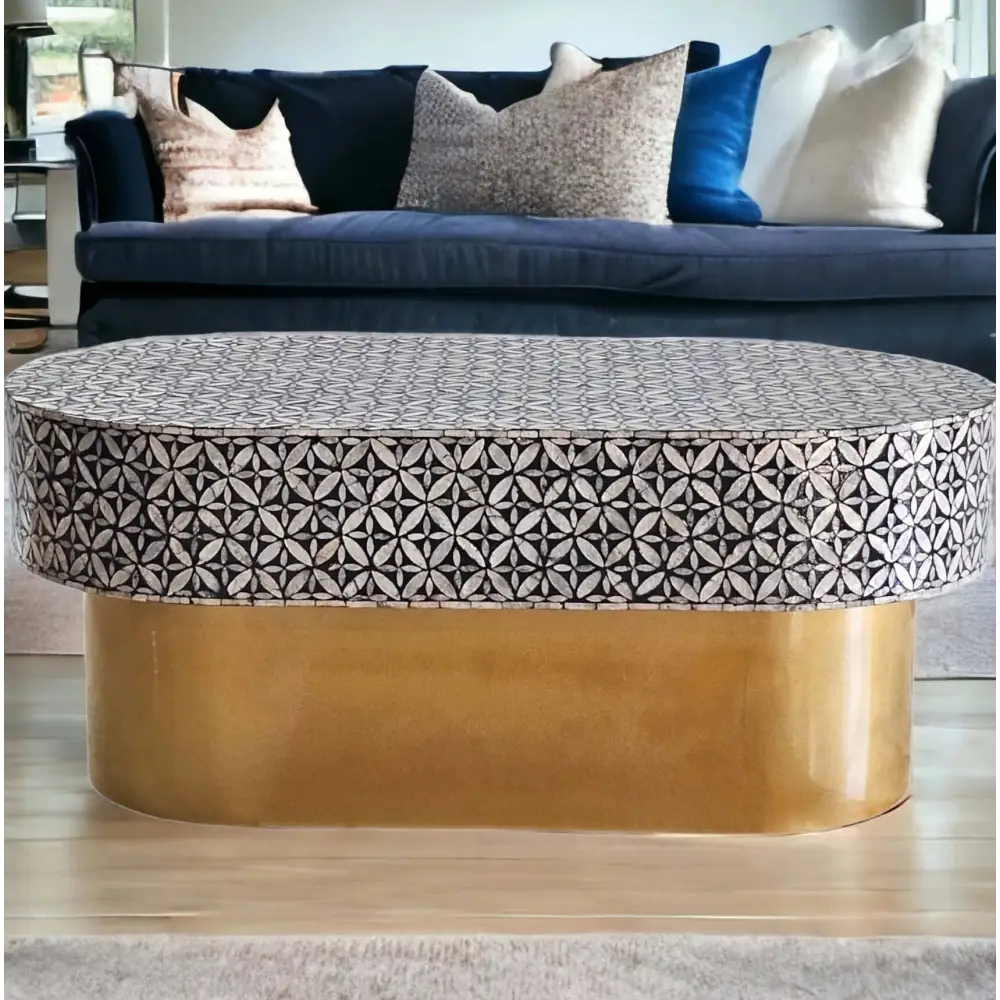 MOTHER OF PEARL EBONY MOSAIC OVAL COFFEE TABLE - Furniture > Living Room > Coffee Tables