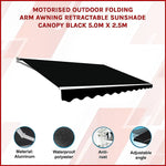 Motorised Outdoor Folding Arm Awning Retractable Sunshade Canopy Black 5.0m x 2.5m - Home & Garden > Shading