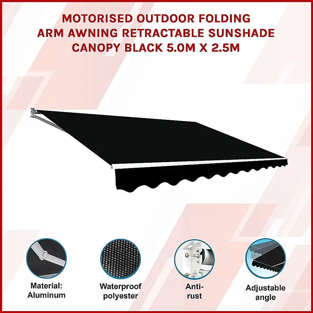 Motorised Outdoor Folding Arm Awning Retractable Sunshade Canopy Black 5.0m x 2.5m - Home & Garden > Shading