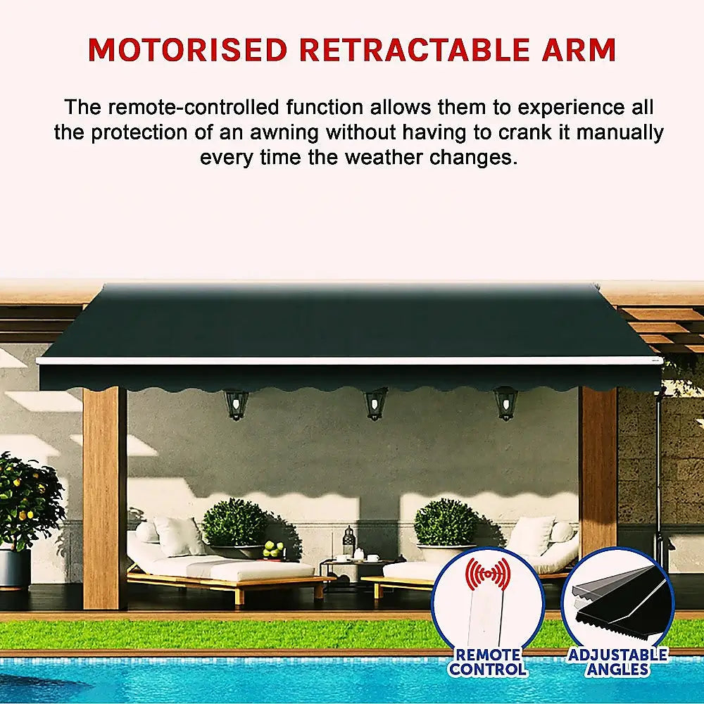 Motorised Outdoor Folding Arm Awning Retractable Sunshade Canopy Black 5.0m x 3.0m - Home & Garden > Shading