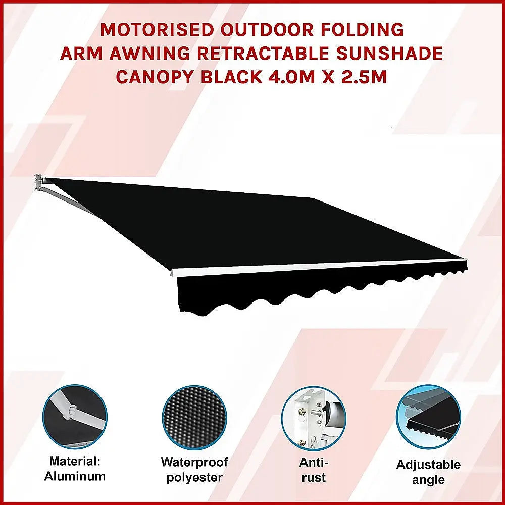 Motorised Outdoor Folding Arm Awning Retractable Sunshade Canopy Black 4.0m x 2.5m - Home & Garden > Shading