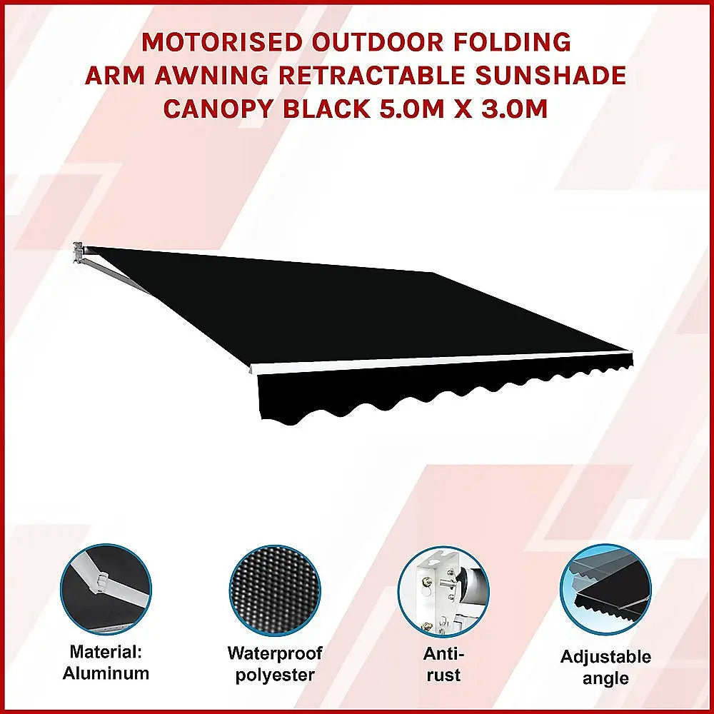 Motorised Outdoor Folding Arm Awning Retractable Sunshade Canopy Black 5.0m x 3.0m - Home & Garden > Shading