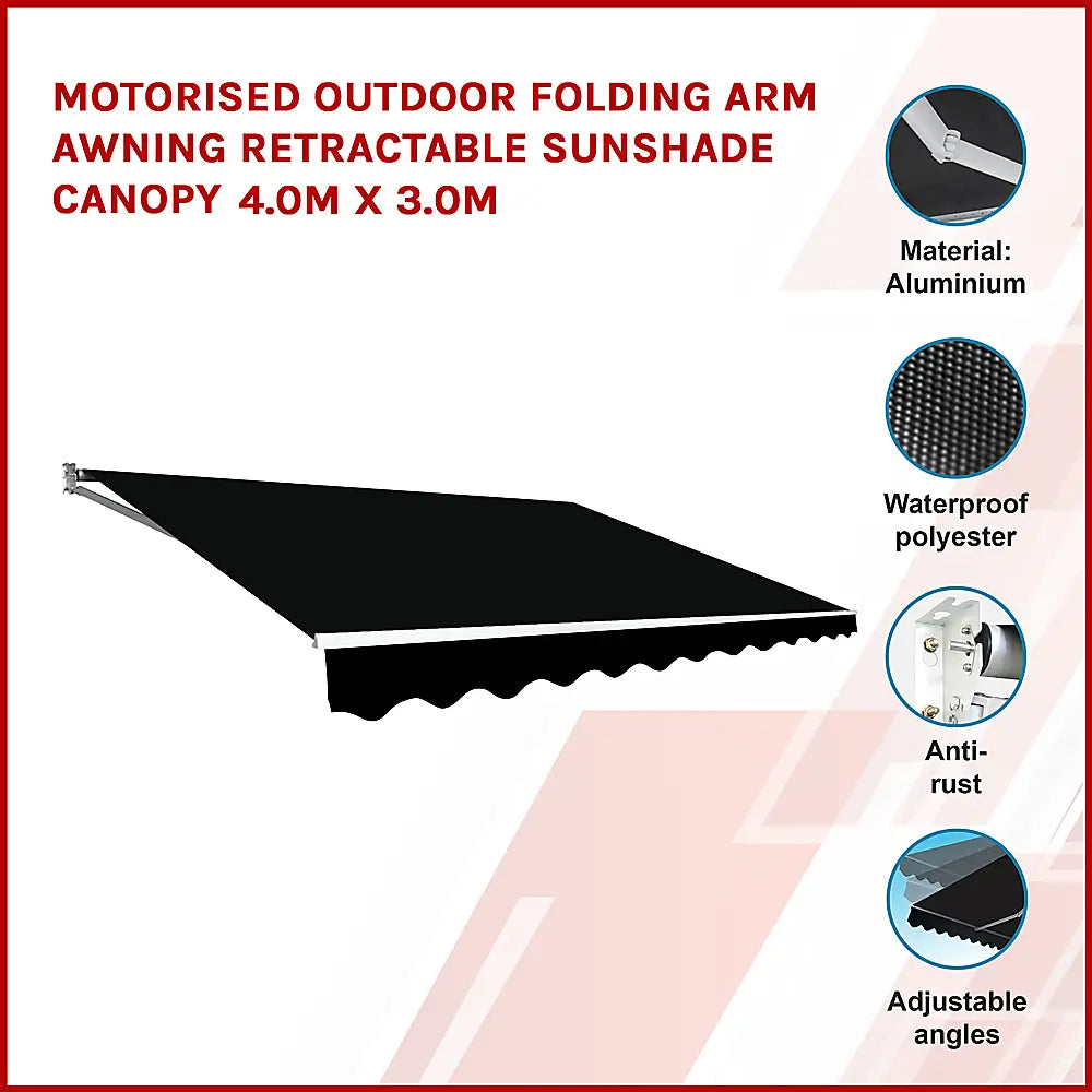 Motorised Outdoor Folding Arm Awning Retractable Sunshade Canopy Black 4.0m x 3.0m - Home & Garden > Shading