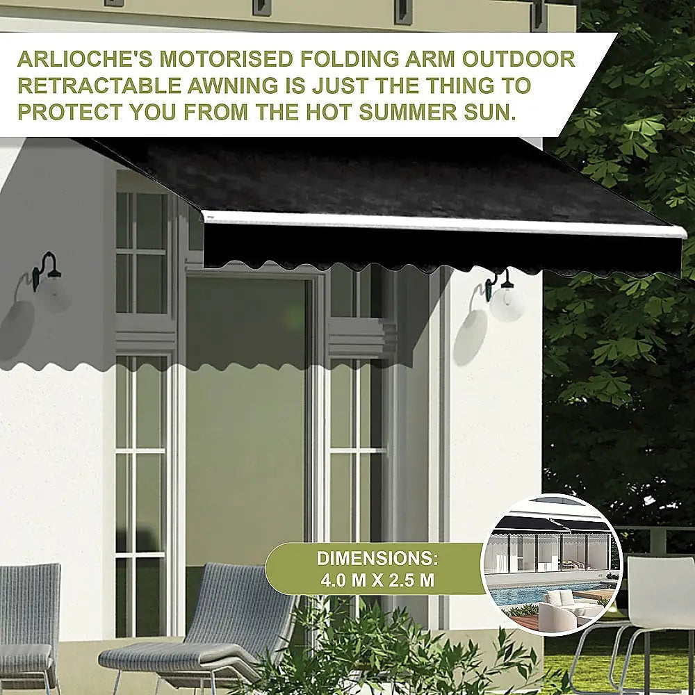 Motorised Outdoor Folding Arm Awning Retractable Sunshade Canopy Black 4.0m x 2.5m - Home & Garden > Shading